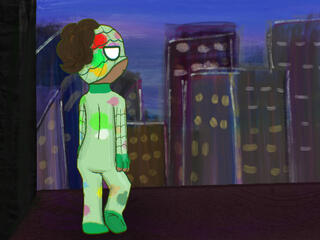 My Spidersona looking at a cityscape, which is paint like.
