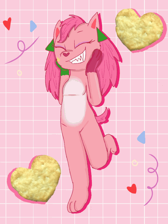 My secondary sona, Sprinkles, with heart shaped buttermilk biscuits in the background