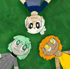 My Ocs, Lamp, Ray and Goldie lying in the grass